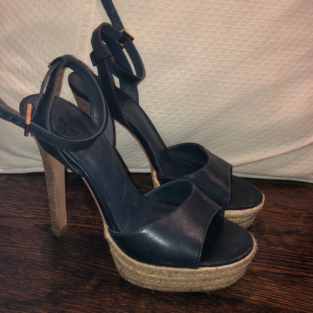 Tory Burch Navy blue and wood heels